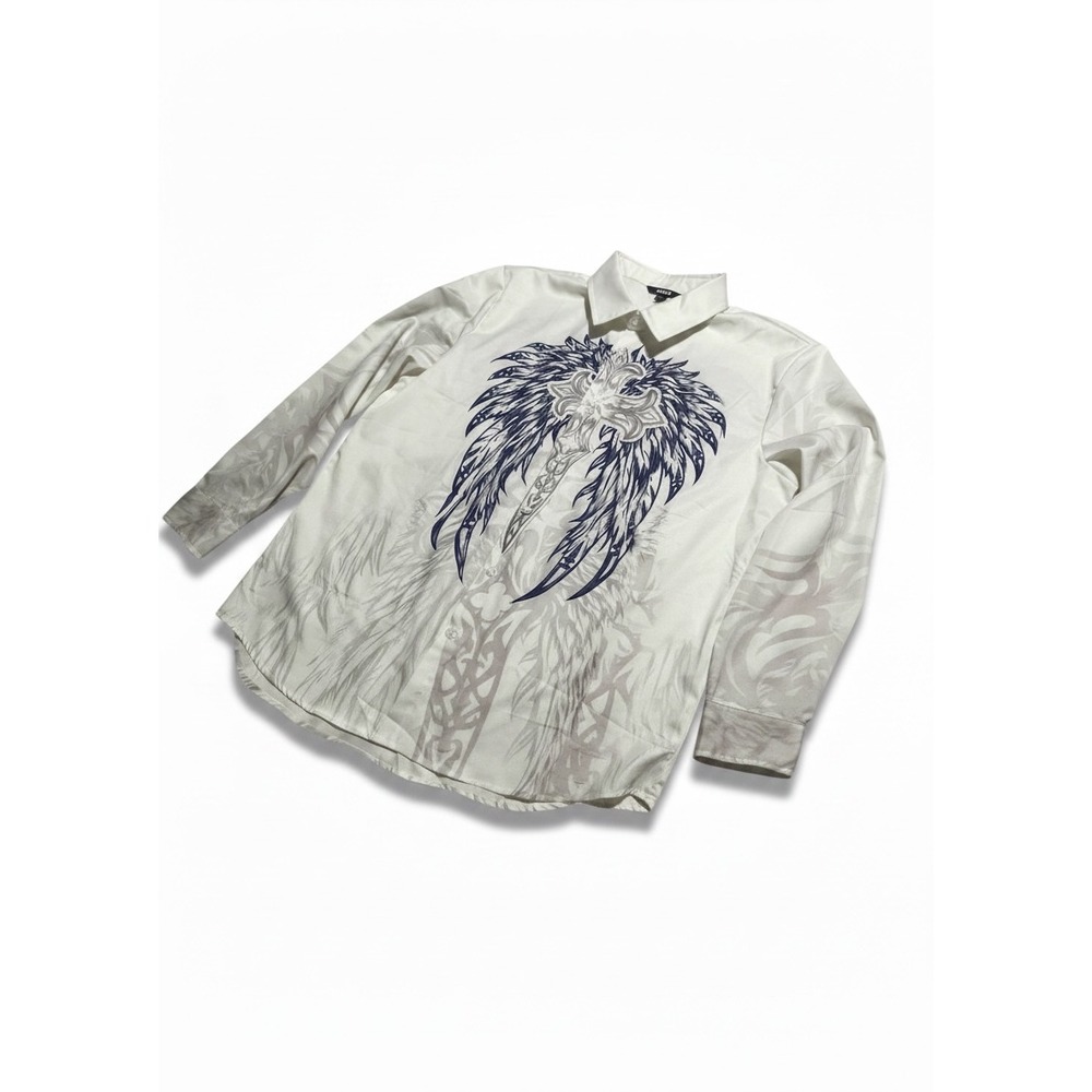 Ouku Mens XL White Gothic Cross Wing Graphic Button Down Shirt Y2K Cyber Grunge